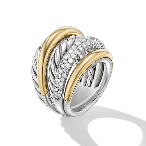 David Yurman DY Mercer Multi Row Ring in Sterling Silver with 18K Yellow Gold and Diamonds, Size 9