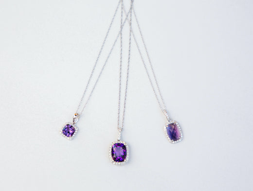 Three amethyst pendant necklaces for February birthstone gifts