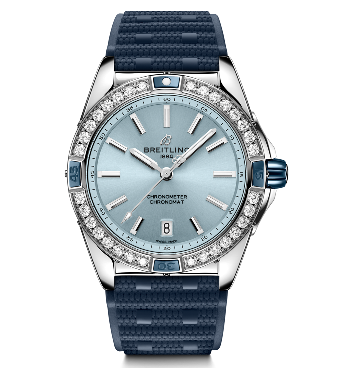 Breitling Super Chronomat 38mm Diamond Watch with Blue Rubber Strap