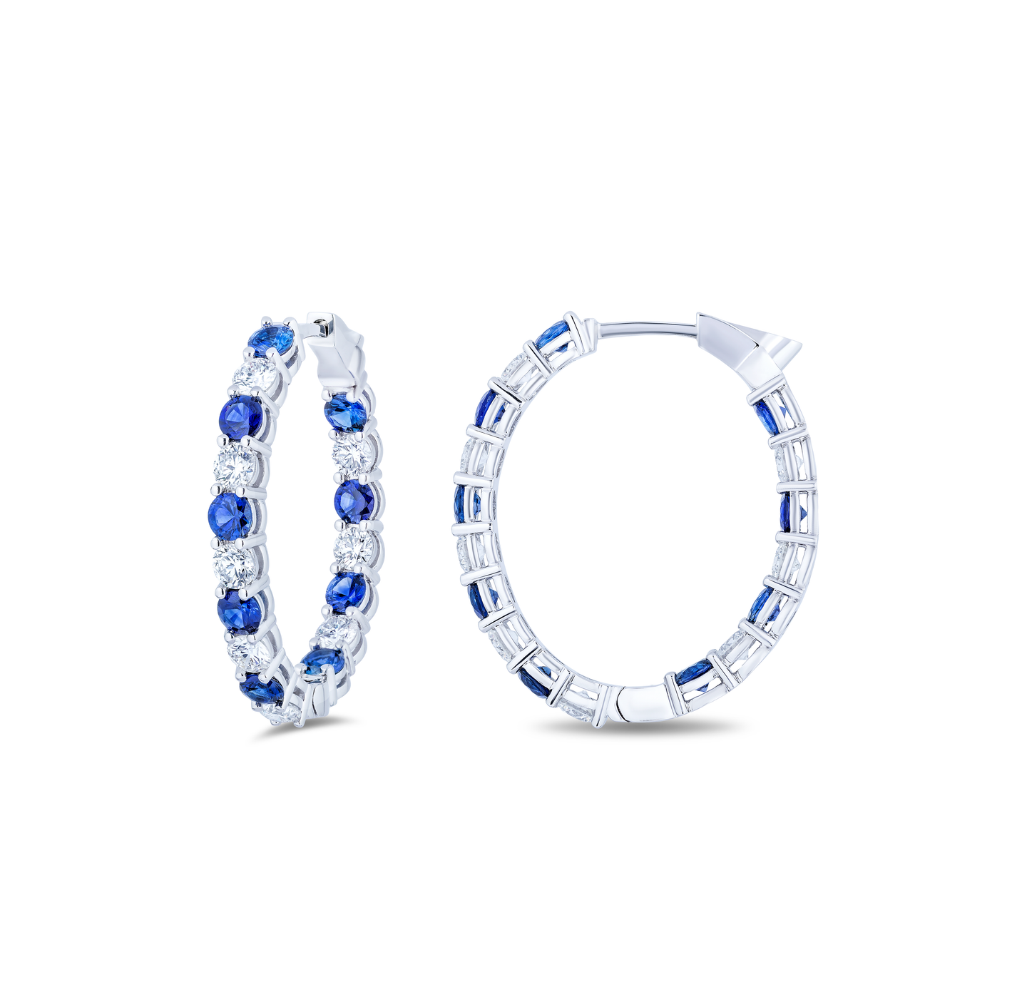 18K White Gold Alternating Sapphire and Diamond Inside Out Hoop Earrings