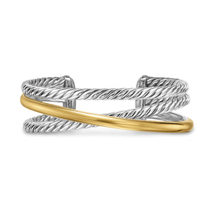 Crossover Three Row Cuff Bracelet in Sterling Silver with 14K Yellow Gold, 20mm, Size Small