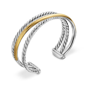 Crossover Three Row Cuff Bracelet in Sterling Silver with 14K Yellow Gold, 20mm, Size Small