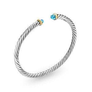 Cable Flex Bracelet in Sterling Silver with 14K Yellow Gold and Blue Topaz, 4mm