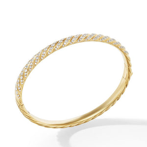 Sculpted Cable Bangle Bracelet in 18K Yellow Gold with Diamonds, Size Large