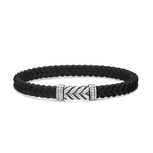 Chevron Bracelet in Black Rubber with Diamonds and Sterling Silver, Size Small