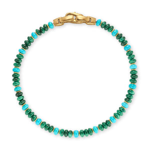 Spiritual Beads Bracelet in 18K Yellow Gold with Malachite and Turquoise, Size Medium