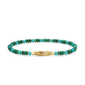 Spiritual Beads Bracelet in 18K Yellow Gold with Malachite and Turquoise, Size Medium