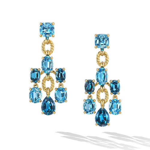 Marbella Chandelier Earrings in 18K Yellow Gold with Blue Topaz and Hampton Blue Topaz, 57mm