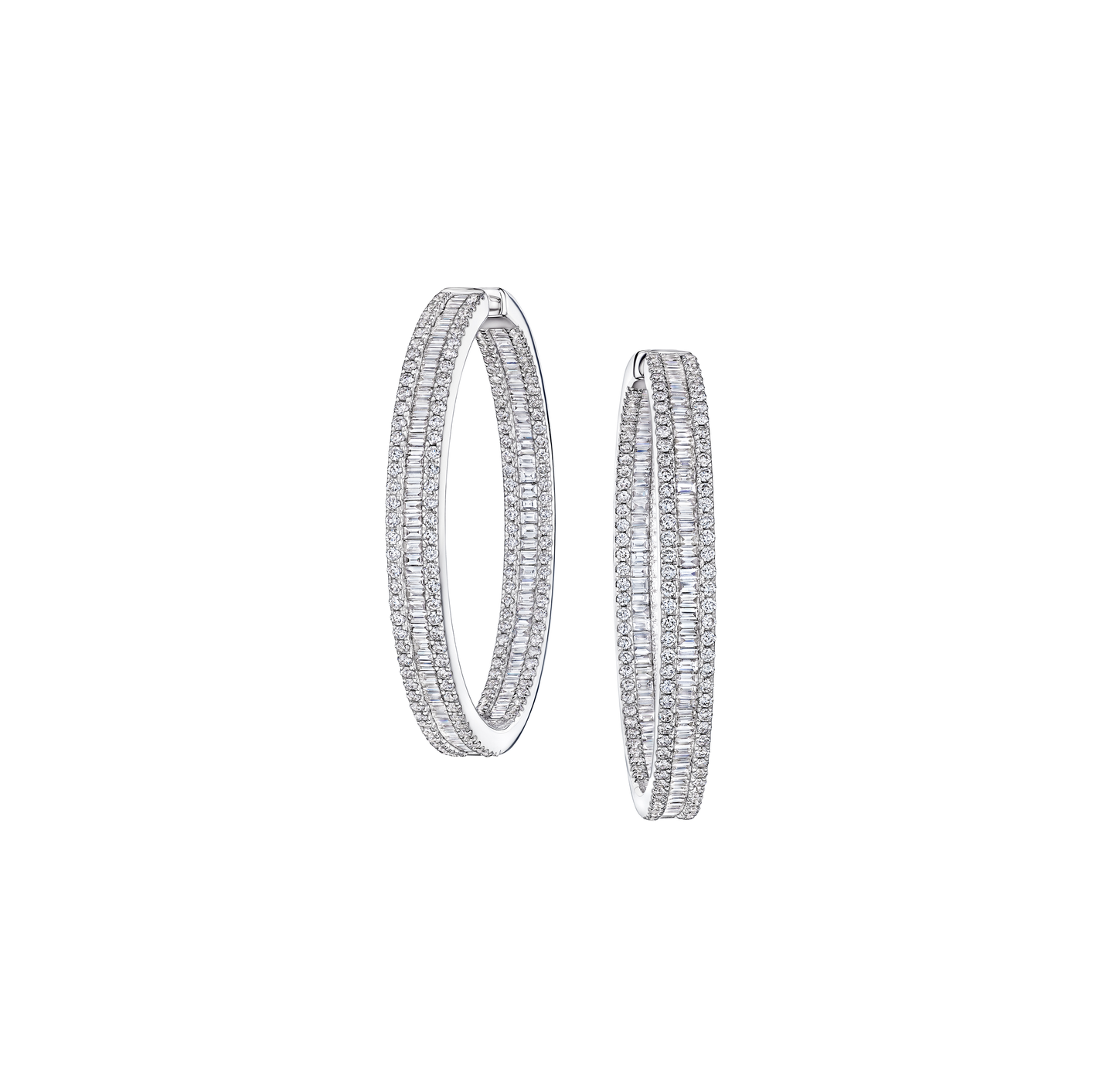 White Gold Baguette and Round Diamond Hoop Earrings