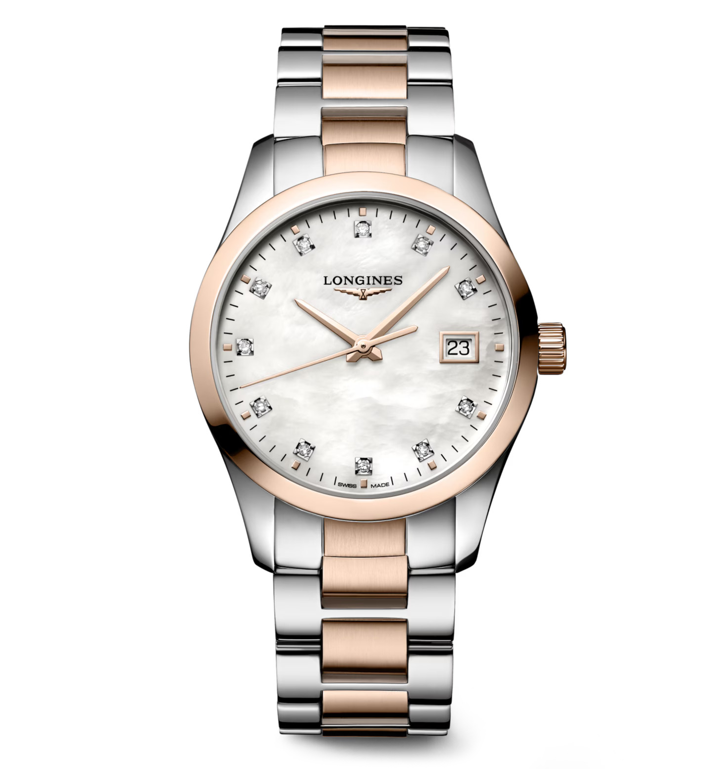 Longines Conquest Classic 34mm Watch with Mother of Pearl Dial and Diamond Indexes