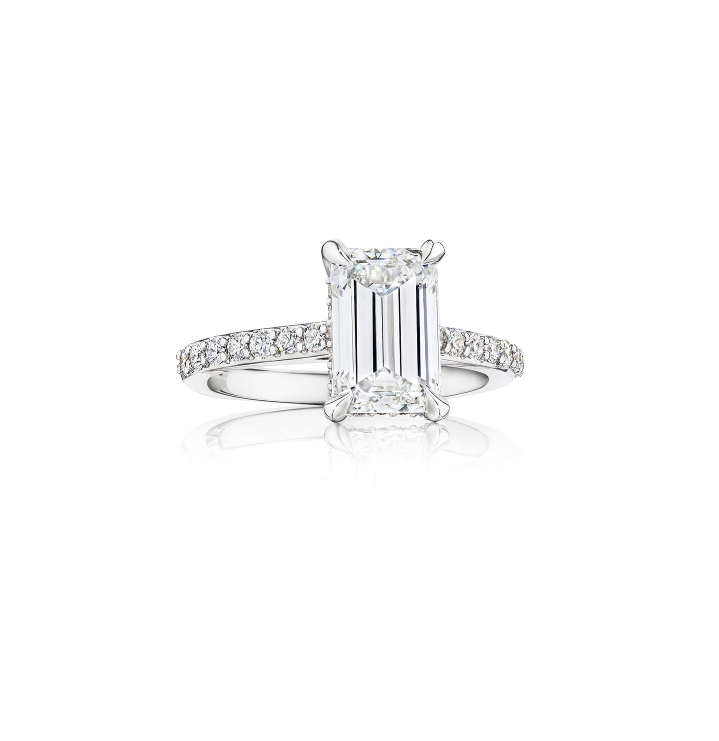 Emerald Cut Diamond Engagement Ring with Diamond Pave Shank in Platinum