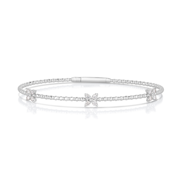 Sabel Collection White Gold Beaded and Diamond Flower Bangle