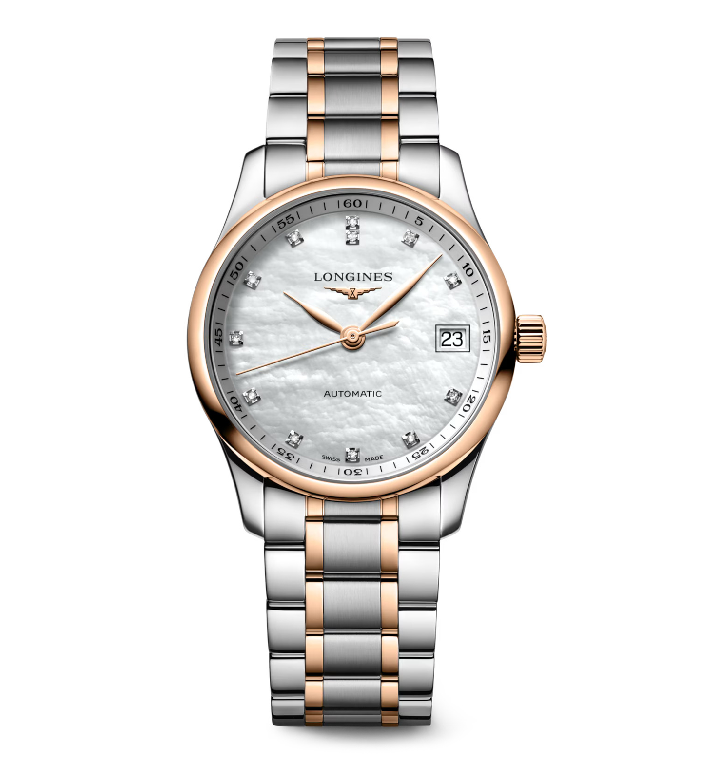 Longines Master 34mm Watch with Mother of Pearl Dial and Diamond Indexes