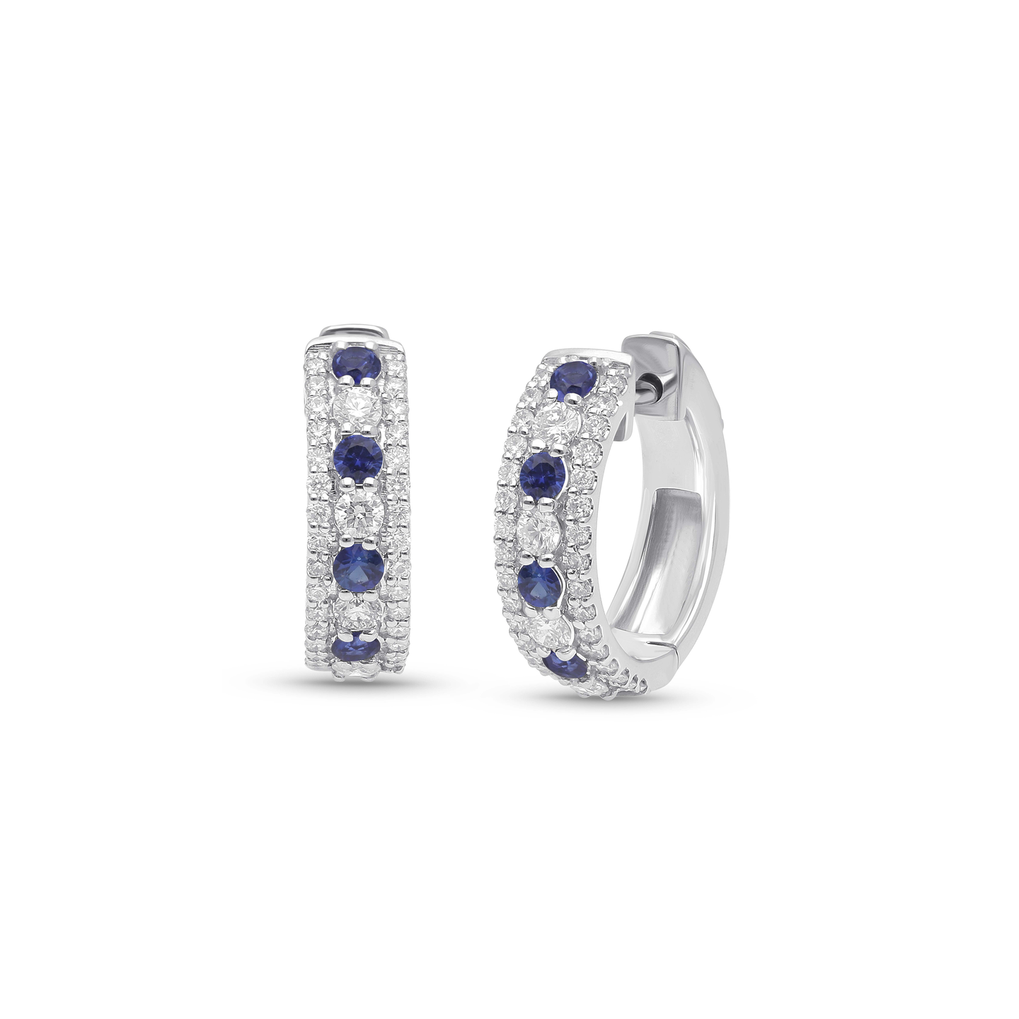 Sabel Collection White Gold Round Blue Sapphire and Diamond Hoop Earrings