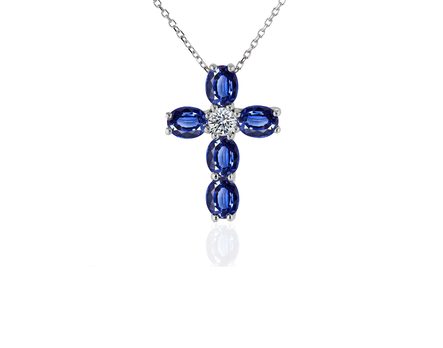 Sabel Collection White Gold Oval Sapphire and Diamond Cross Necklace