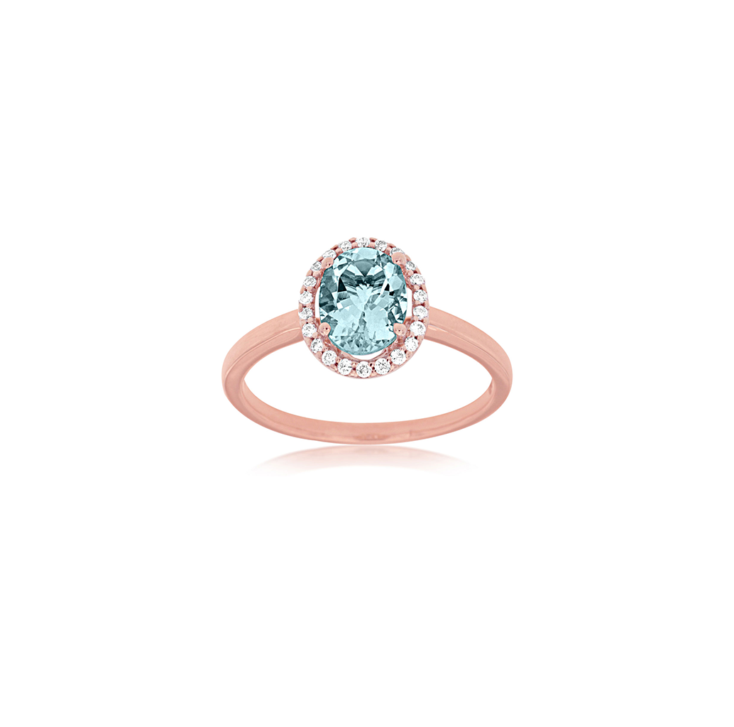 Sabel Collection Rose Gold Oval Aquamarine and Diamond Halo Ring