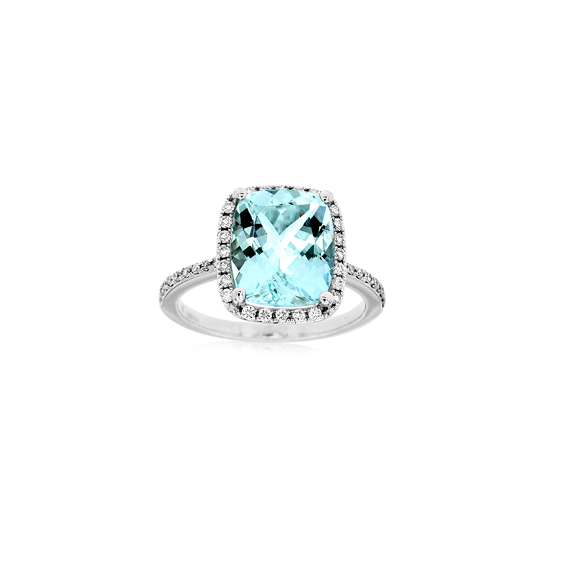 14k White Gold Aquamarine and Diamond Halo Ring