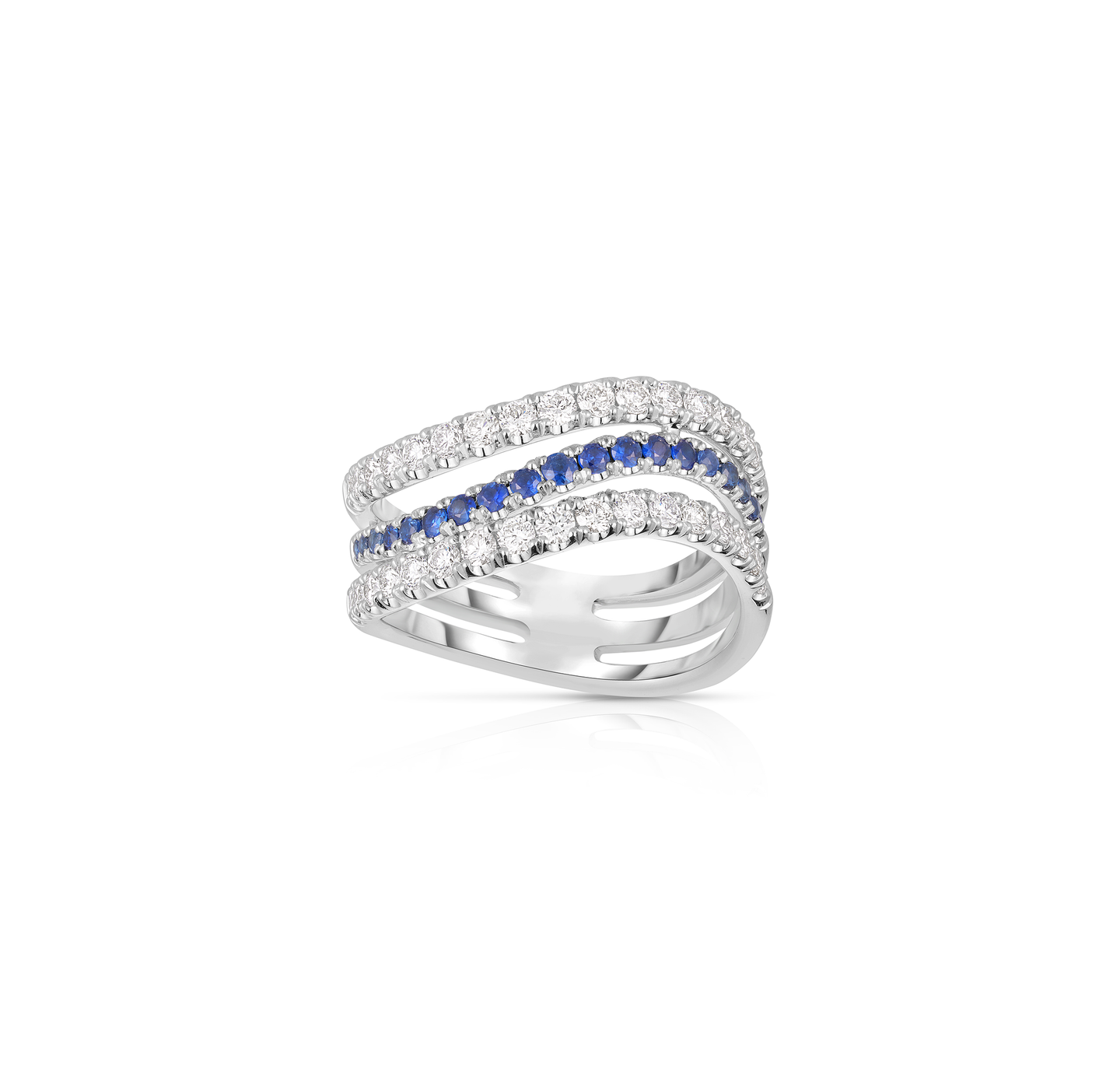 White Gold 3 Row Diamond and Sapphire Wavy Ring