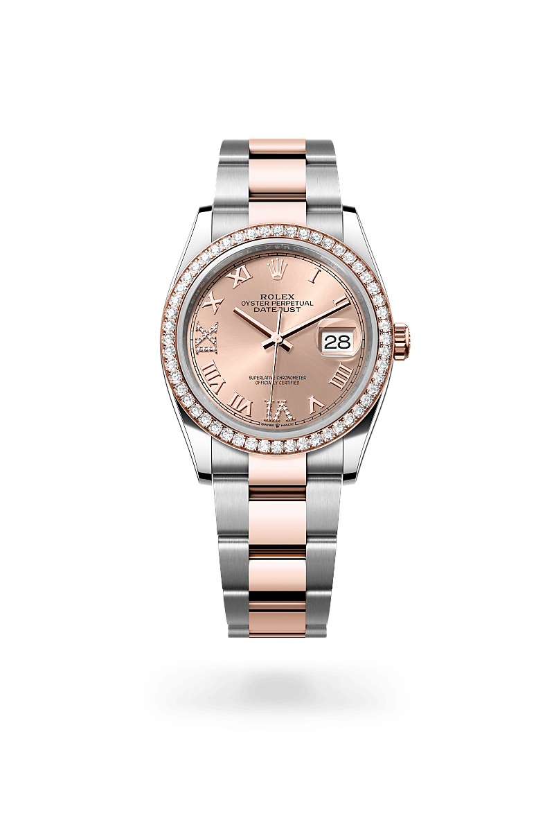 Rolex Datejust 36 in Oystersteel, Everose Gold, and Diamonds, m126281rbr-0016 Upright with Shadow - Fink's Jewelers