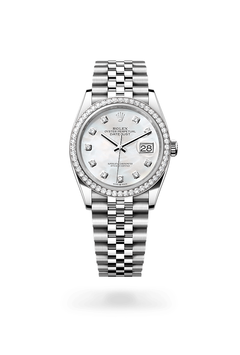 Rolex Datejust 36 in Oystersteel, White Gold, and Diamonds, m126284rbr-0011 Upright with Shadow - Fink's Jewelers