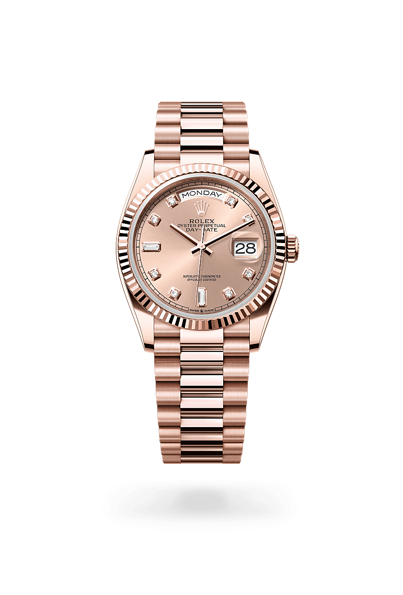 Rolex Day-Date 36 in Everose Gold, m128235-0009 Upright with Shadow - Fink's Jewelers