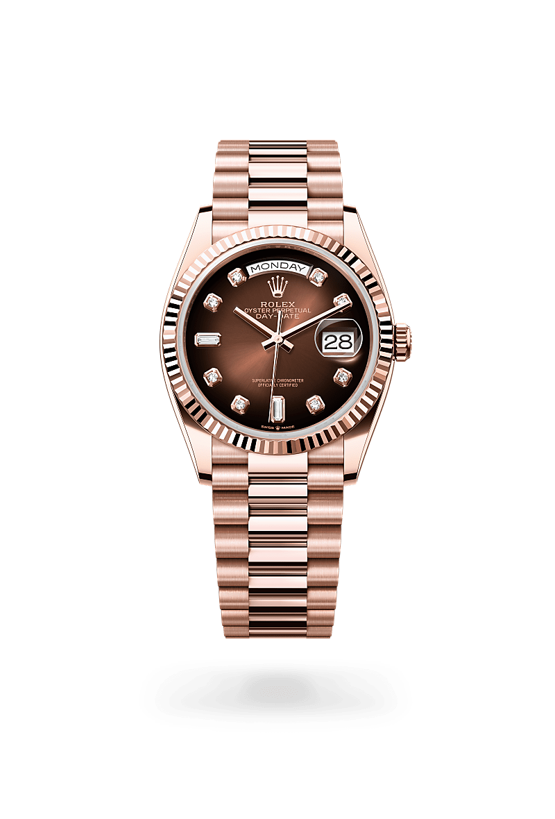 Rolex Day-Date 36 in Everose Gold, m128235-0037 Upright with Shadow - Fink's Jewelers