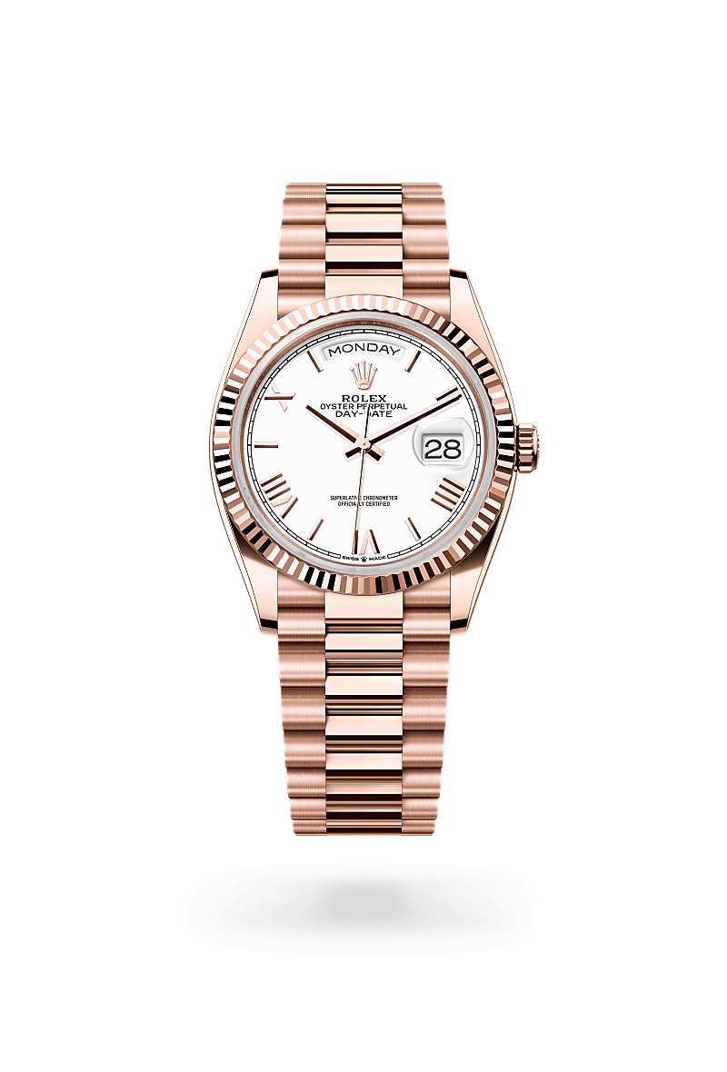 Rolex Day-Date 36 in Everose Gold, m128235-0070 Upright with Shadow - Fink's Jewelers