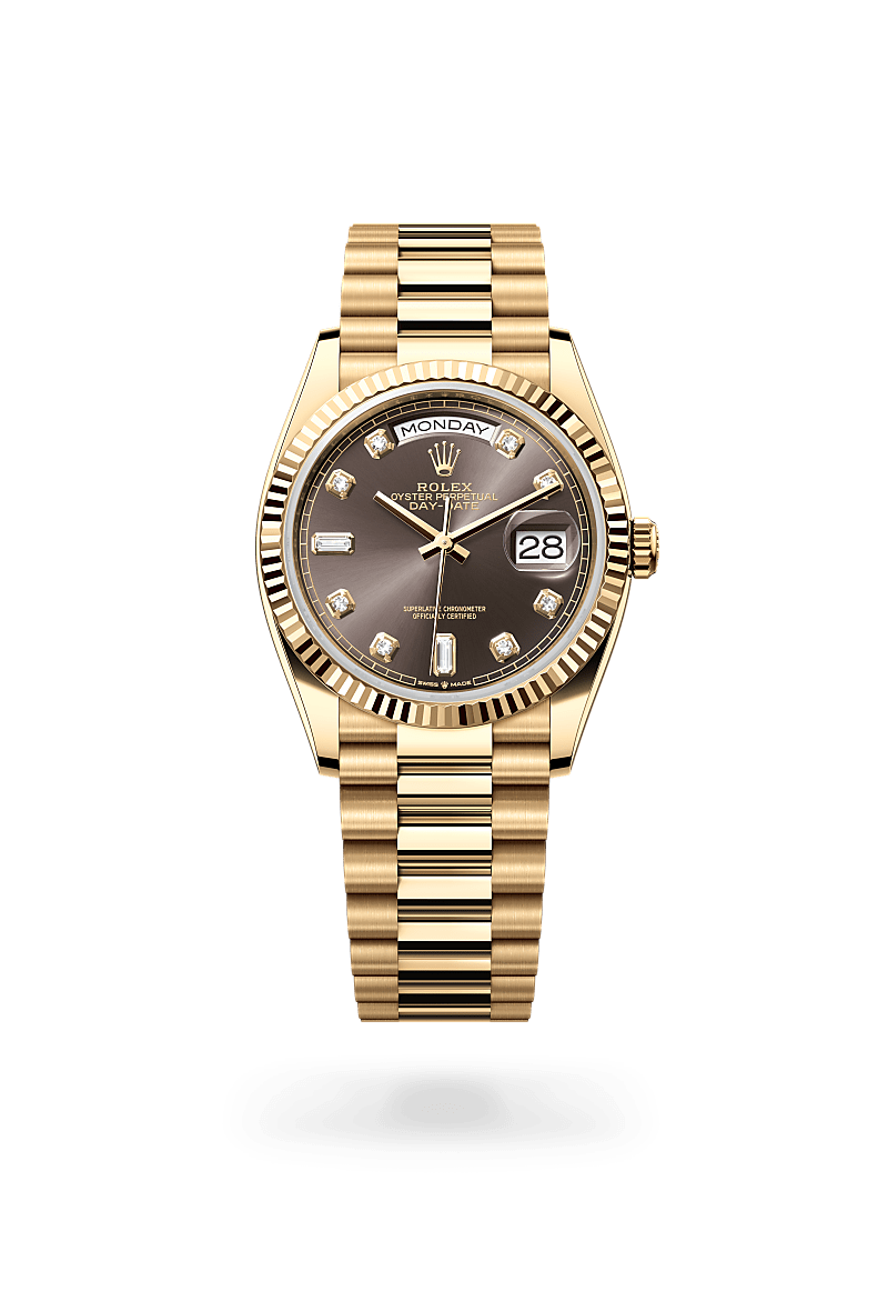 Rolex Day-Date 36 in Yellow Gold, m128238-0022 Upright with Shadow - Fink's Jewelers