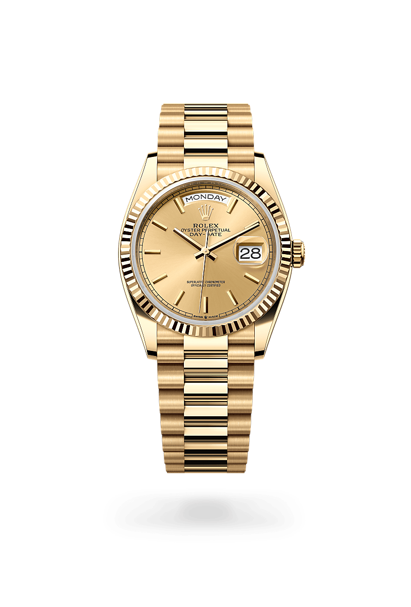 Rolex Day-Date 36 in Yellow Gold, m128238-0045 Upright with Shadow - Fink's Jewelers