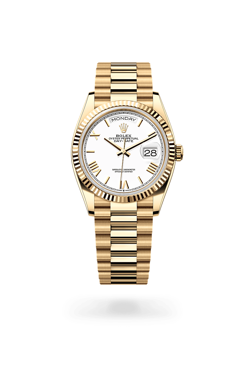 Rolex Day-Date 36 in Yellow Gold, m128238-0113 Upright with Shadow - Fink's Jewelers