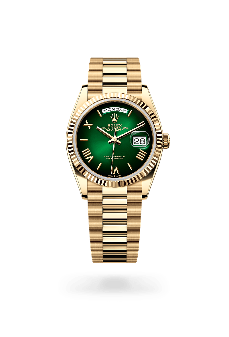 Rolex Day-Date 36 in Yellow Gold, m128238-0118 Upright with Shadow - Fink's Jewelers