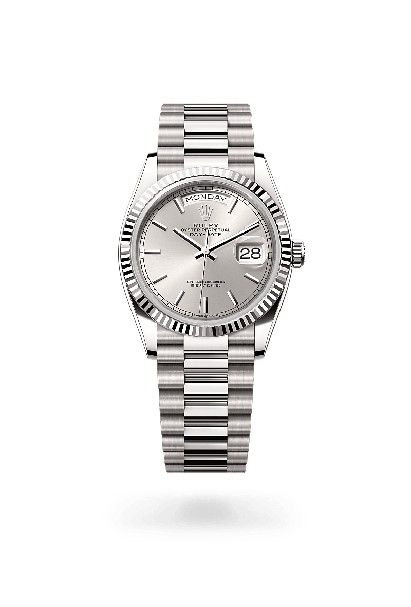 Rolex Day-Date 36 in White Gold, m128239-0005 Upright with Shadow - Fink's Jewelers