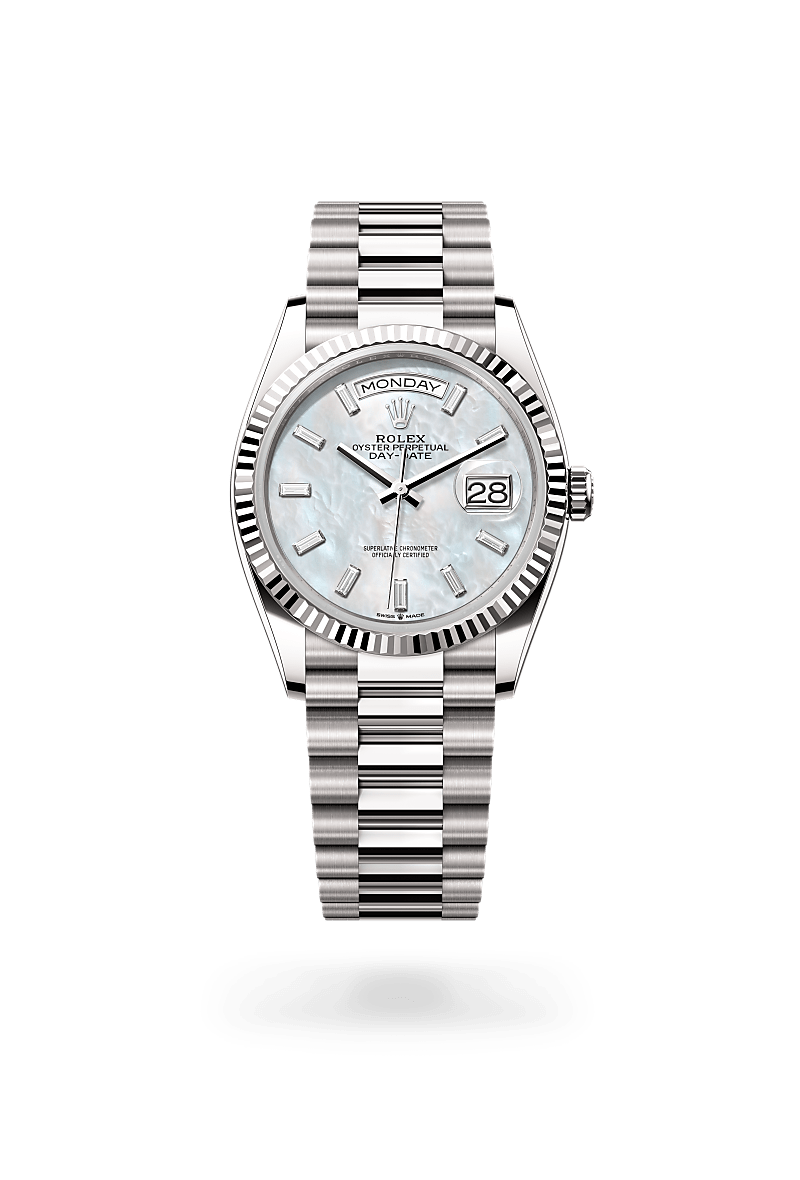 Rolex Day-Date 36 in White Gold, m128239-0065 Upright with Shadow - Fink's Jewelers