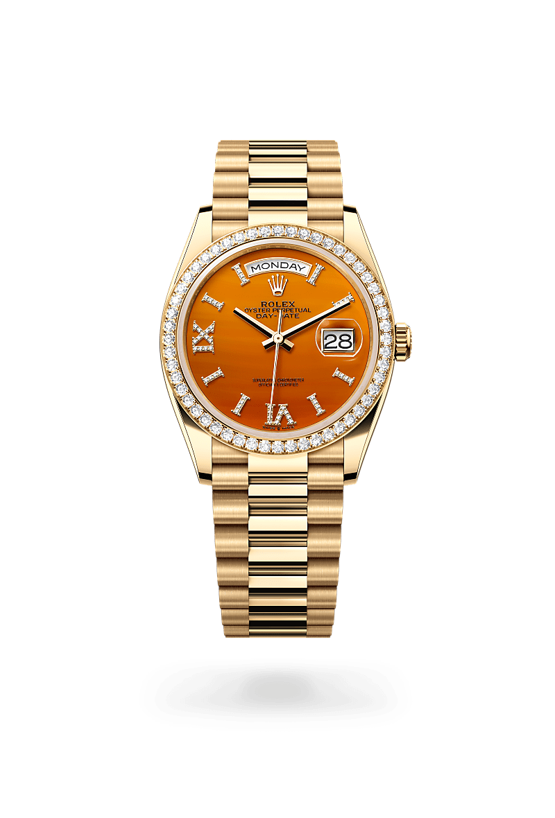 Rolex Day-Date 36 in Yellow Gold and Diamonds, m128348rbr-0049 Upright with Shadow - Fink's Jewelers