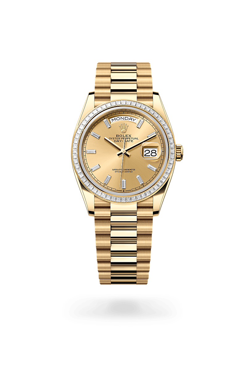 Rolex Day-Date 36 in Yellow Gold and Diamonds, m128398tbr-0037 Upright with Shadow - Fink's Jewelers