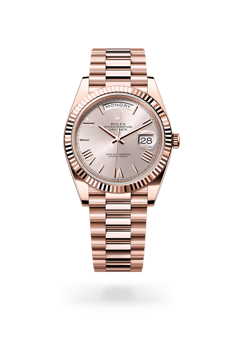 Rolex Day-Date 40 in Everose Gold, m228235-0001 Upright with Shadow - Fink's Jewelers