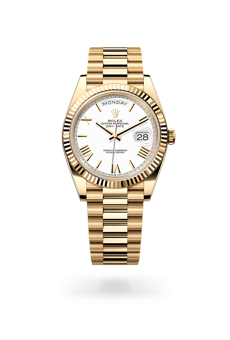 Rolex Day-Date 40 in Yellow Gold, m228238-0042 Upright with Shadow - Fink's Jewelers