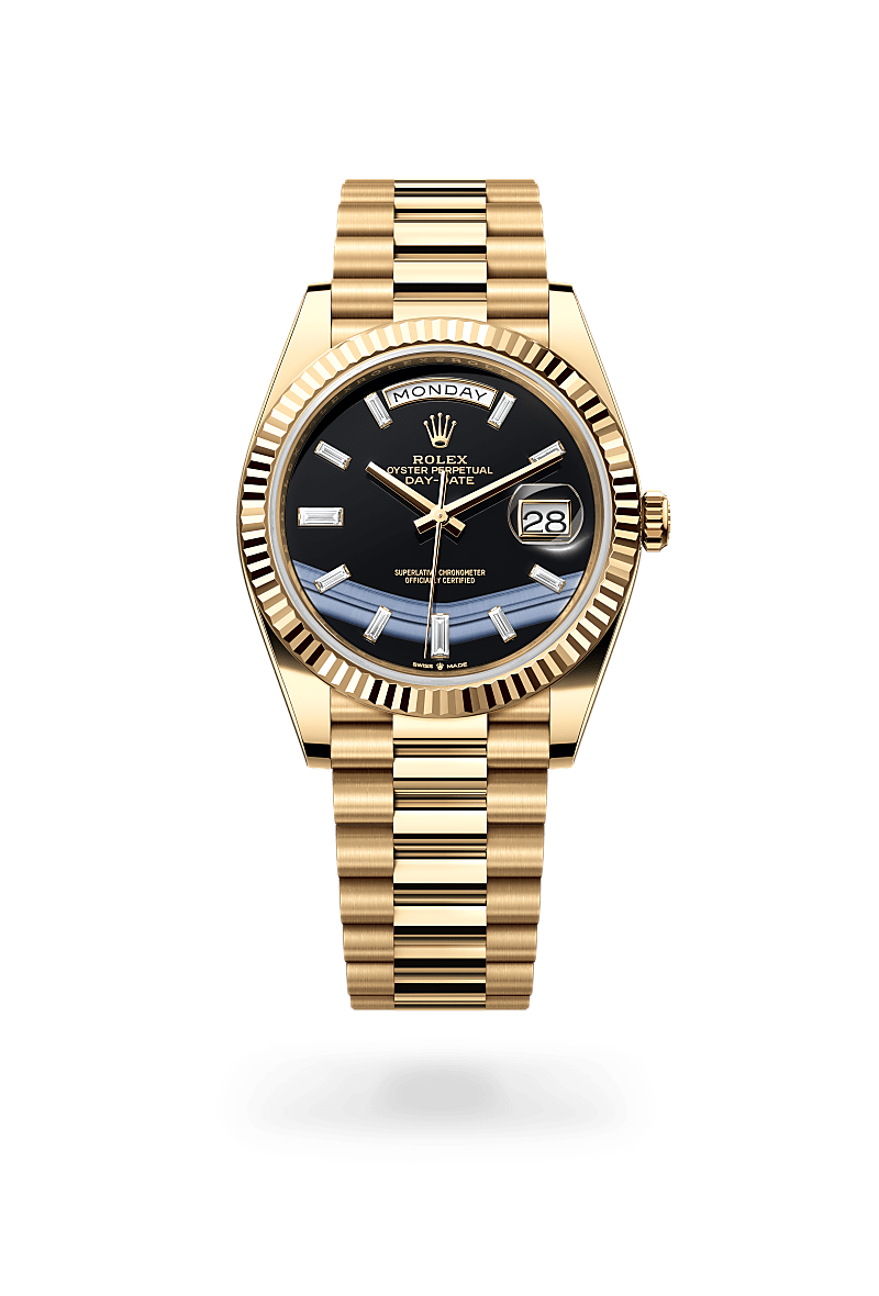 Rolex Day-Date 40 in Yellow Gold, m228238-0059 Upright with Shadow - Fink's Jewelers