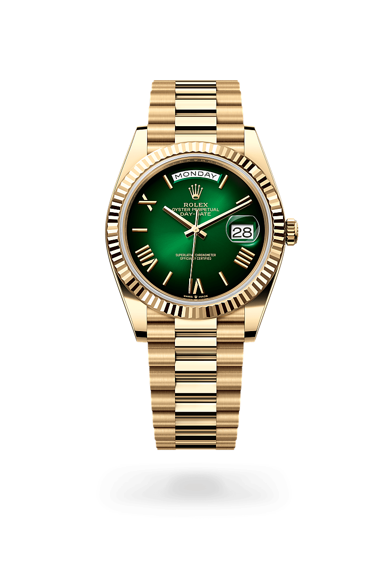 Rolex Day-Date 40 in Yellow Gold, M228238-0069 Upright with Shadow - Fink's Jewelers