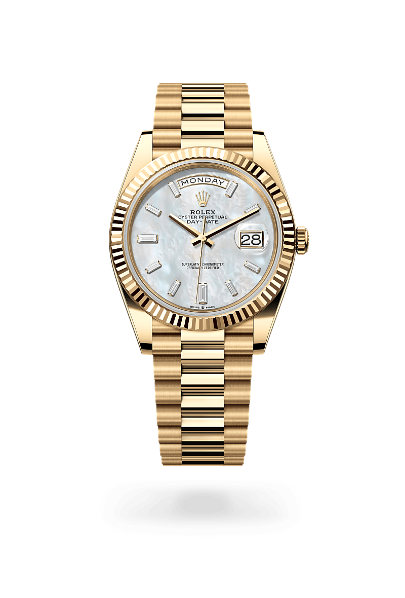 Rolex Day-Date 40 in Yellow Gold, M228238-0071 Upright with Shadow - Fink's Jewelers