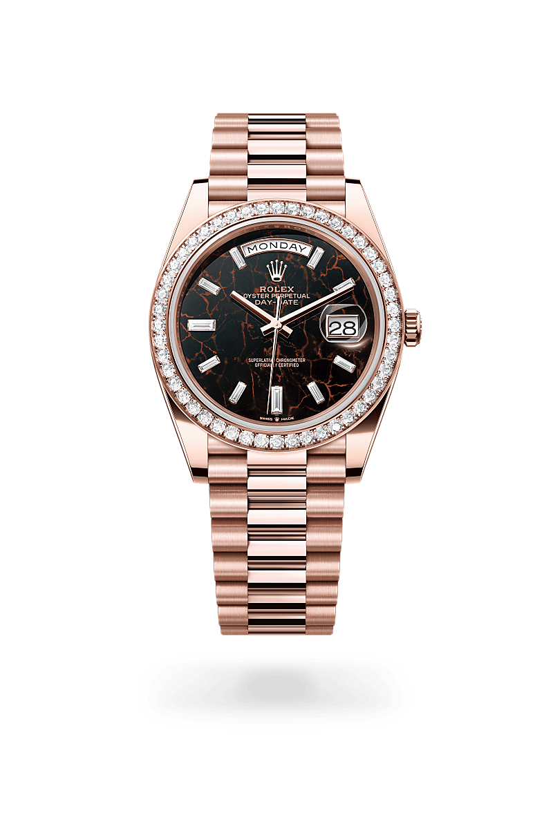 Rolex Day-Date 40 in Everose Gold and Diamonds, m228345rbr-0016 Upright with Shadow - Fink's Jewelers