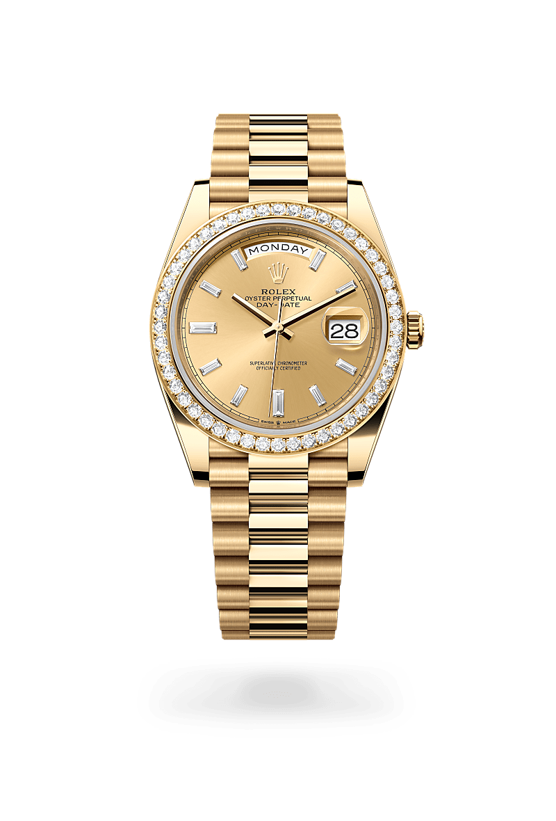 Rolex Day-Date 40 in Yellow Gold and Diamonds, m228348rbr-0002 Upright with Shadow - Fink's Jewelers