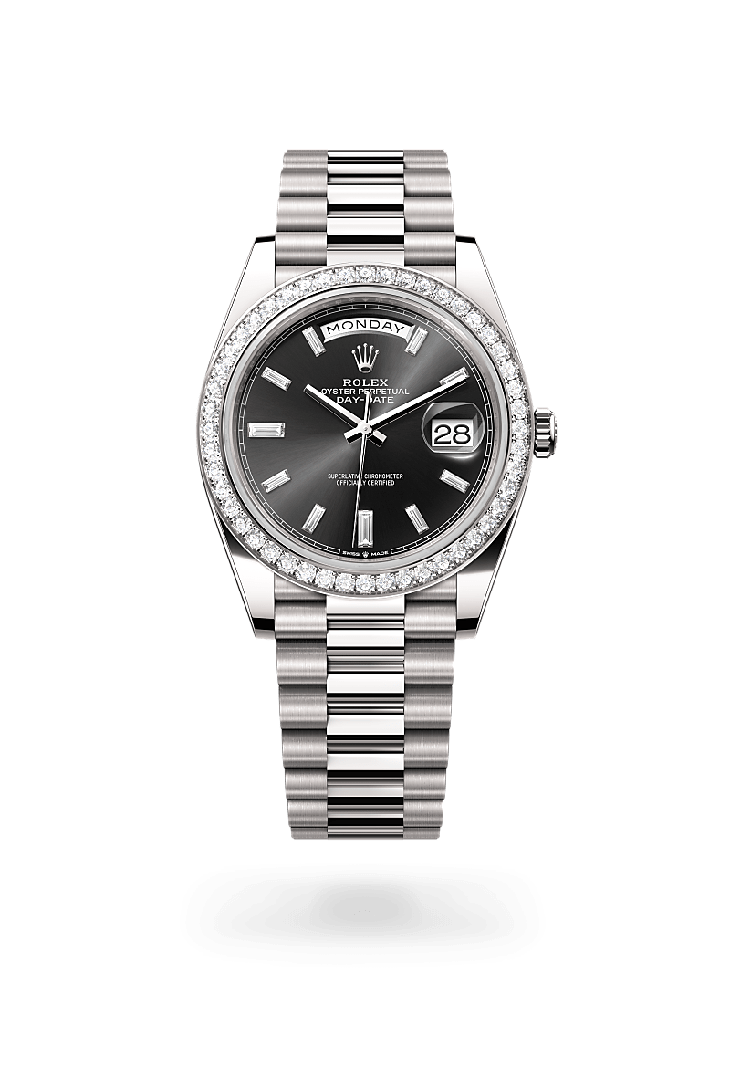 Rolex Day-Date 40 in White Gold and Diamonds, m228349rbr-0003 Upright with Shadow - Fink's Jewelers