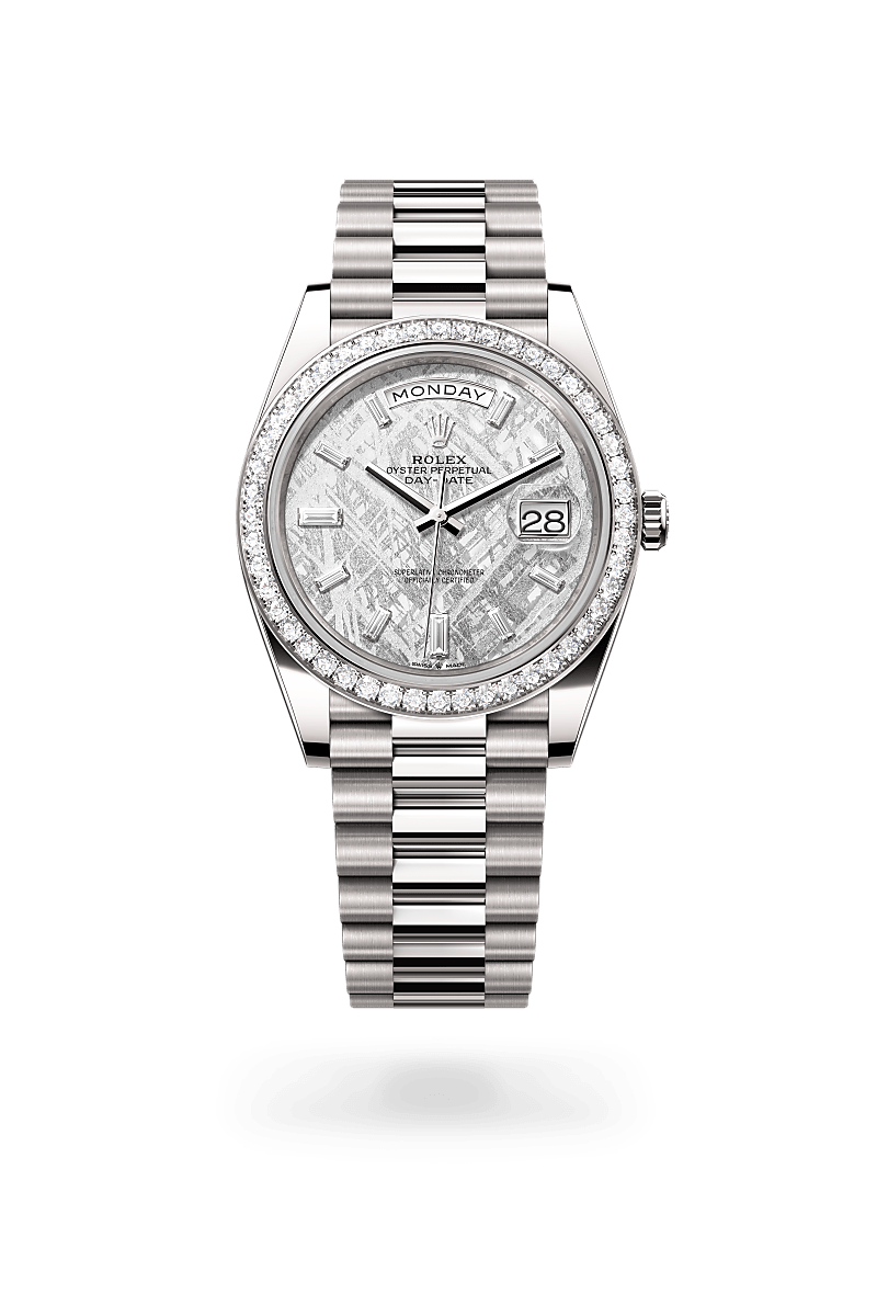 Rolex Day-Date 40 in White Gold and Diamonds, m228349rbr-0040 Upright with Shadow - Fink's Jewelers