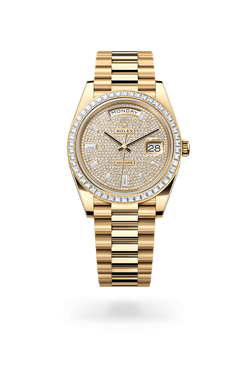 Rolex Day-Date 40 in Yellow Gold and Diamonds, m228398tbr-0036 Upright with Shadow - Fink's Jewelers