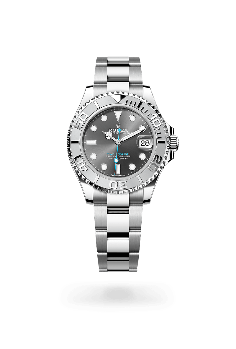 Rolex Yacht-Master 37 in Oystersteel and Platinum, m268622-0002 Upright with Shadow - Fink's Jewelers