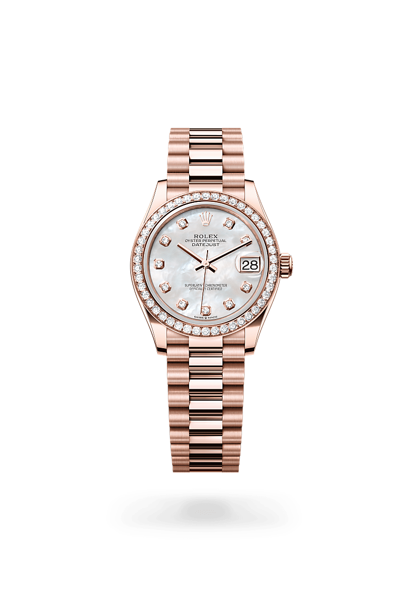 Rolex Datejust 31 in Everose Gold and Diamonds, m278285rbr-0005 Upright with Shadow - Fink's Jewelers