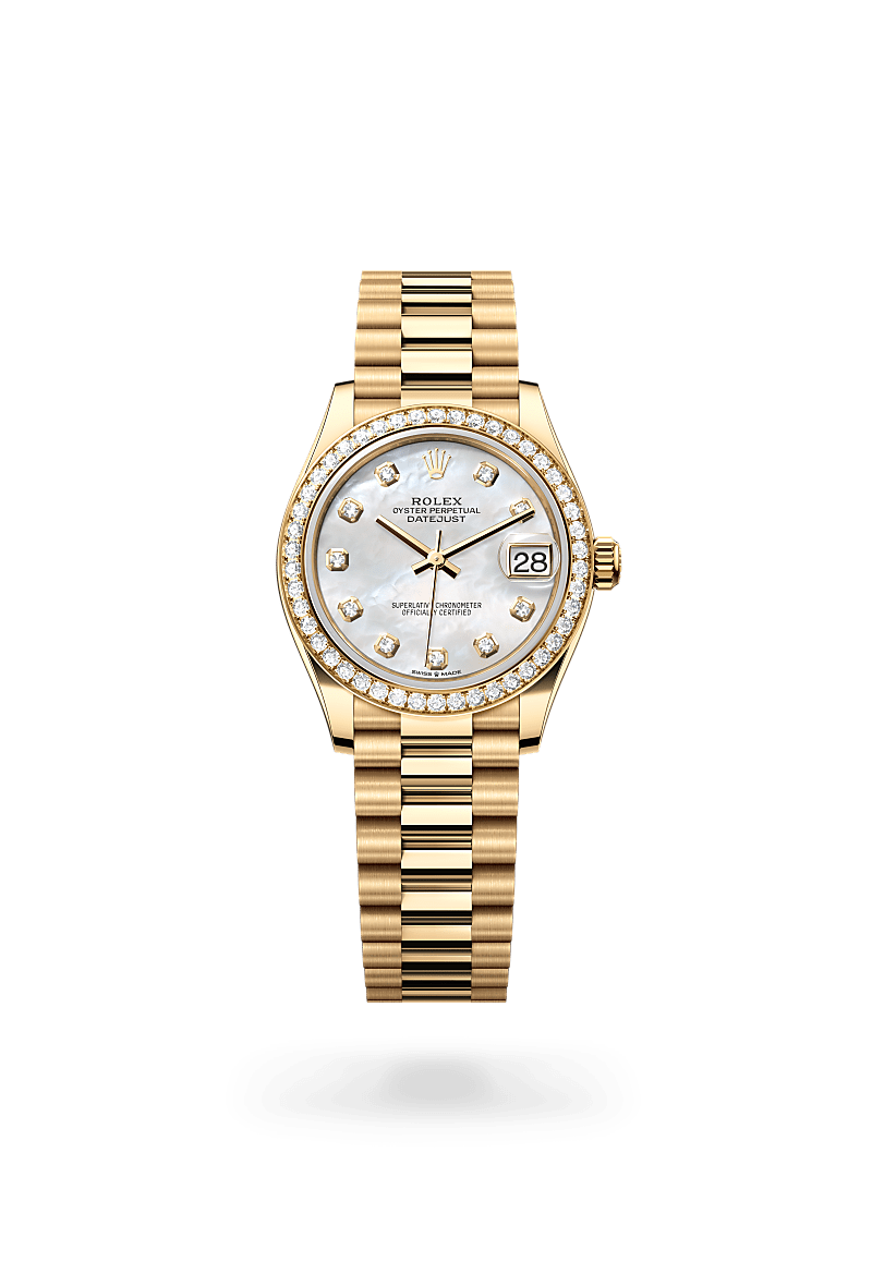 Rolex Datejust 31 in Yellow Gold and Diamonds, m278288rbr-0006 Upright with Shadow - Fink's Jewelers