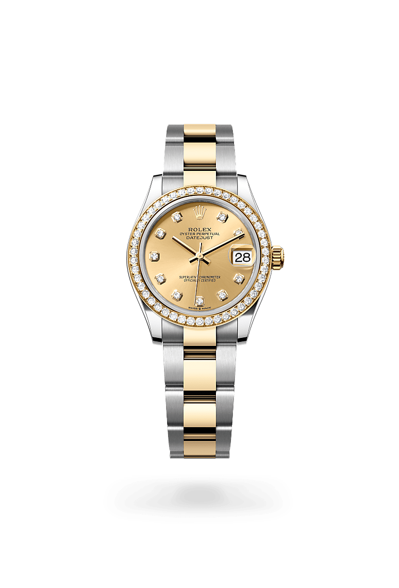 Rolex Datejust 31 in Oystersteel, Yellow Gold, and Diamonds, m278383rbr-0025 Upright with Shadow - Fink's Jewelers