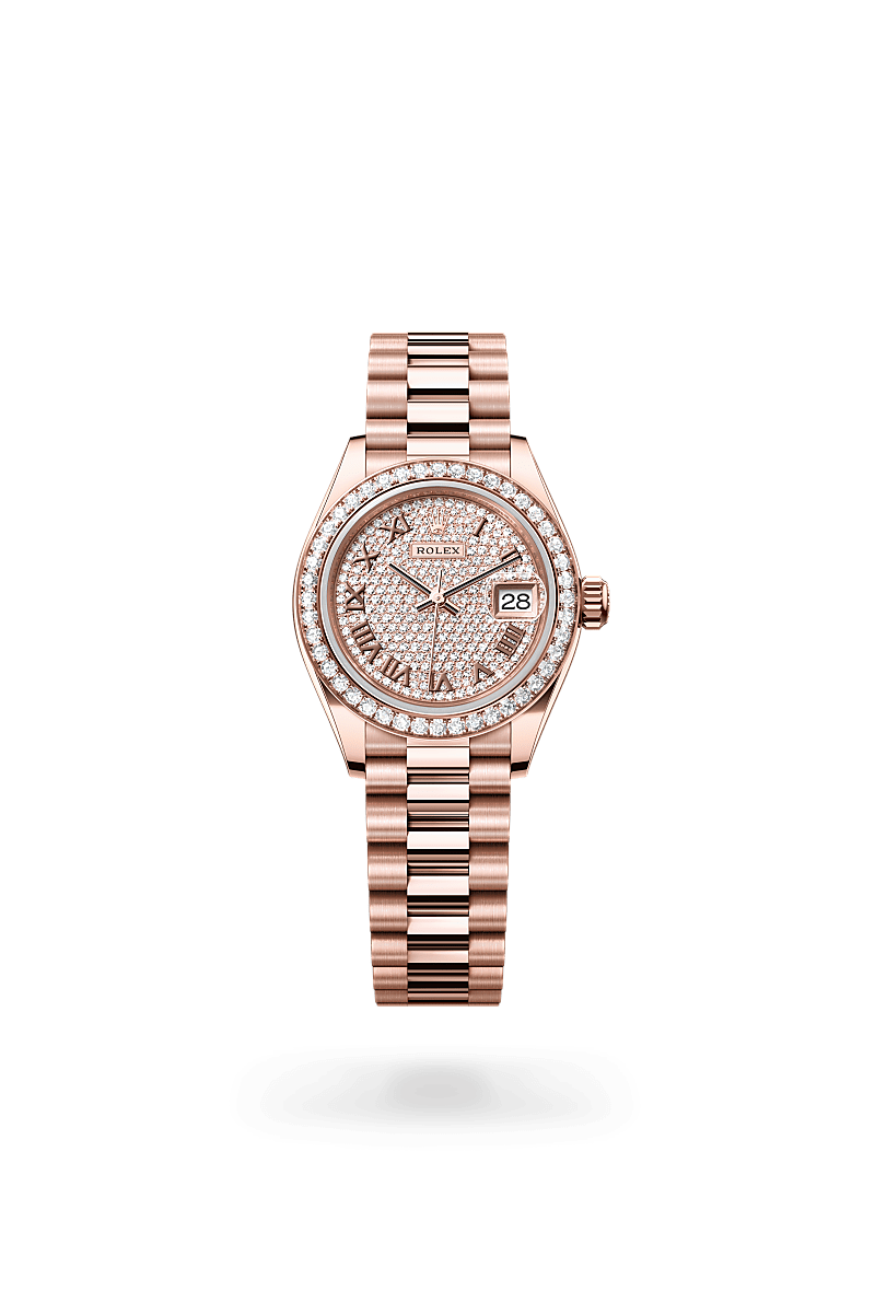 Rolex Lady-Datejust in Everose Gold and Diamonds, m279135rbr-0021 Upright with Shadow - Fink's Jewelers